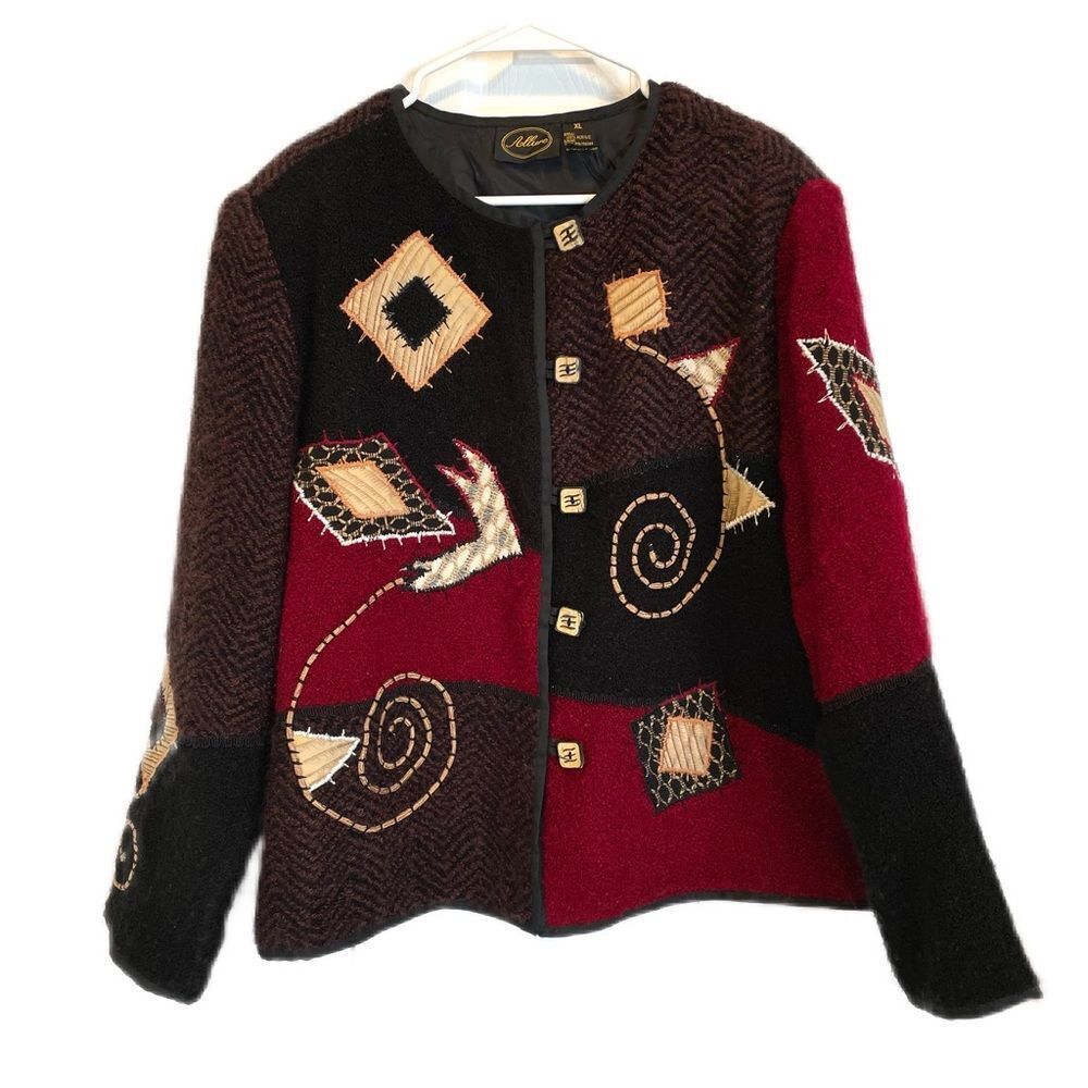 Allure Geometric Appliquéd Wool Colour Block Cardigan XL